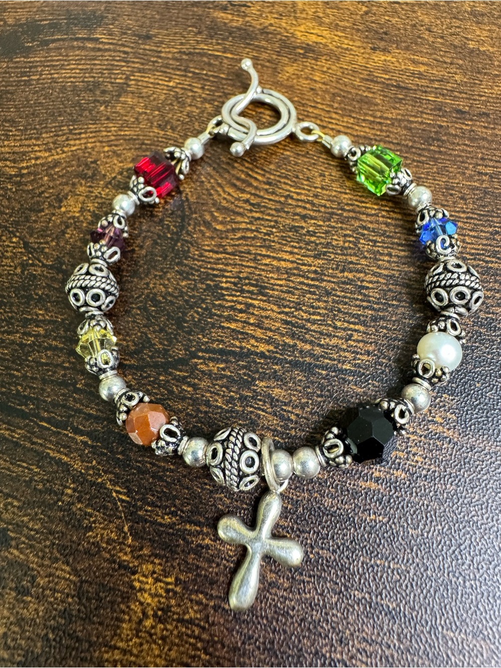 Sterling Silver Salvation Bracelet Multi-Colour Crystal Beads Cross Charm Toggle